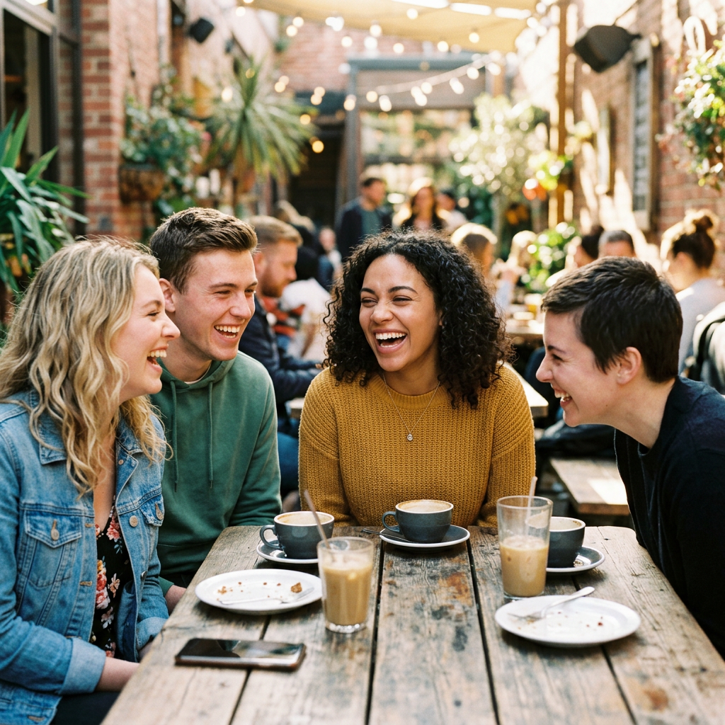 Group of four friends laughing and talking around a wooden table with coffee cups and empty plates