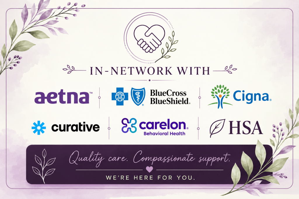 Graphic listing healthcare providers in a network, including Aetna, BlueCross BlueShield, Cigna, Curative, Carelon Behavioral Health, and HSA. Features a tagline about quality care and compassionate support.